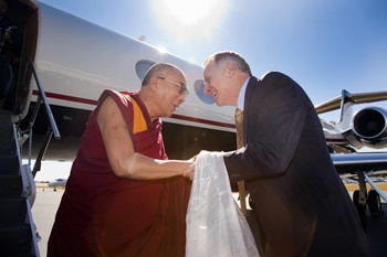 His Holiness the Dalai Lama greeted on his arrival in Atlanta by Emory University’s President Dr. James W. Wagner on October 16th, 2010. Photo/Emory University His Holiness the Dalai Lama greeted on his arrival in Atlanta by Emory University’s President Dr. James W. Wagner on October 16th, 2010. Photo/Emory University