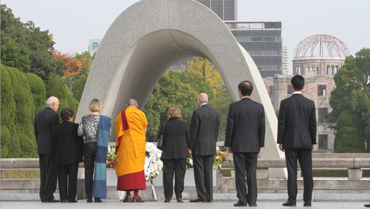 His Holiness the Dalai Lama along with fellow Nobel Laureates paying respect at the Hiroshima Peace Memorial in Hiroshima, Japan on November 14th, 2010. Photo/Taikan Usui His Holiness the Dalai Lama along with fellow Nobel Laureates paying respect at the Hiroshima Peace Memorial in Hiroshima, Japan on November 14th, 2010. Photo/Taikan Usui