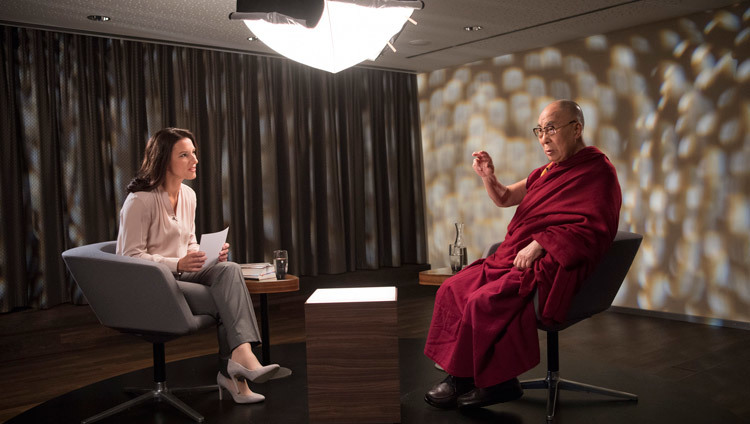 His Holiness the Dalai Lama giving an interview to Amira Hafner-Al Jabaji for the Swiss National TV programme Sternstunde Philosophie in Bern, Switzerland on October 13, 2016. Photo/Manuel Bauer His Holiness the Dalai Lama giving an interview to Amira Hafner-Al Jabaji for the Swiss National TV programme Sternstunde Philosophie in Bern, Switzerland on October 13, 2016. Photo/Manuel Bauer