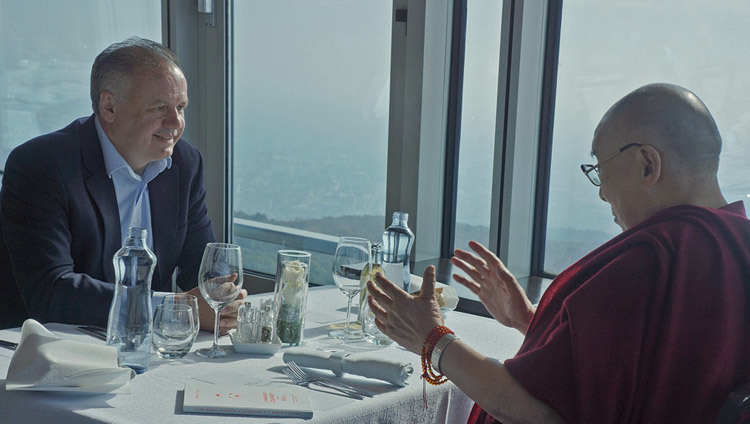 His Holiness the Dalai Lama meeting with His Excellency, Andrej Kiska, President of Slovakia, over lunch at the Altitude Restaurant in Bratislava, Slovakia on October 16, 2016. Photo/Jeremy Russell/OHHDL His Holiness the Dalai Lama meeting with His Excellency, Andrej Kiska, President of Slovakia, over lunch at the Altitude Restaurant in Bratislava, Slovakia on October 16, 2016. Photo/Jeremy Russell/OHHDL