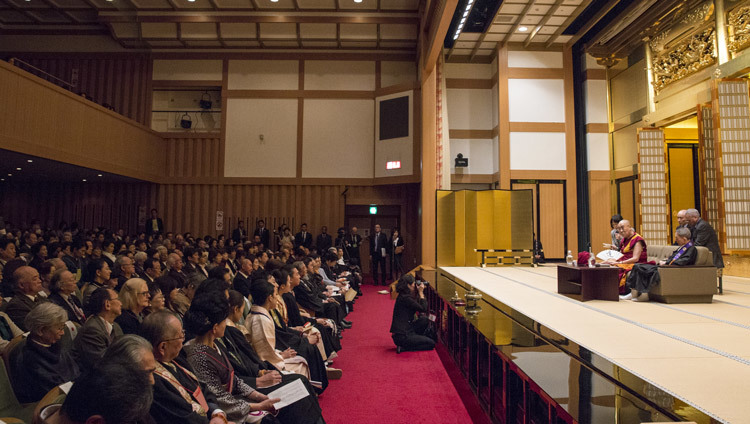 His Holiness the Dalai Lama speaking to an audience of over 500 people at Higashi Honganji Temple in Kyoto, Japan on November 9, 2016. Photo/Jigme Choephel His Holiness the Dalai Lama speaking to an audience of over 500 people at Higashi Honganji Temple in Kyoto, Japan on November 9, 2016. Photo/Jigme Choephel