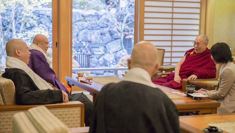 His Holiness the Dalai Lama speaking with senior priests at the main temple in Koyasan, Japan on November 14, 2016. Photo/Jigme Choephel His Holiness the Dalai Lama speaking with senior priests at the main temple in Koyasan, Japan on November 14, 2016. Photo/Jigme Choephel