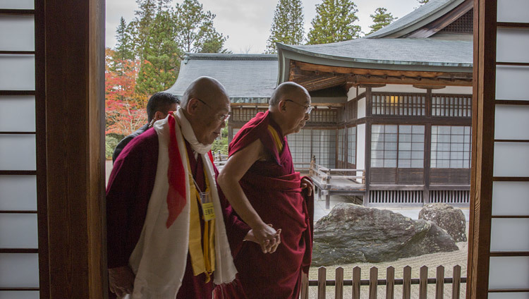 His Holiness the Dalai Lama walking with senior priests at the conclusion of his teaching at the main temple in Koyasan, Japan on November 14, 2016. Photo/Jigme Choephel His Holiness the Dalai Lama walking with senior priests at the conclusion of his teaching at the main temple in Koyasan, Japan on November 14, 2016. Photo/Jigme Choephel