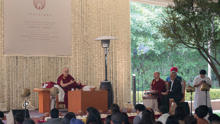His Holiness the Dalai Lama speaking on the second day of the Vidyaloke teachings in New Delhi, India on February 4, 2017. Photo/Tenzin Choejor/OHHDL His Holiness the Dalai Lama speaking on the second day of the Vidyaloke teachings in New Delhi, India on February 4, 2017. Photo/Tenzin Choejor/OHHDL