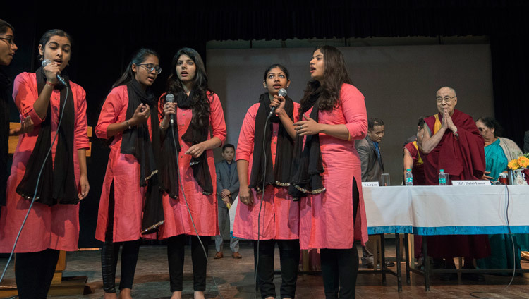 A group of students singing a song to welcome His Holiness the Dalai Lama at the start of his talk at Jesus & Mary College in New Delhi, India on February 7, 2017. Photo/Tenzin Choejor/OHHDL A group of students singing a song to welcome His Holiness the Dalai Lama at the start of his talk at Jesus & Mary College in New Delhi, India on February 7, 2017. Photo/Tenzin Choejor/OHHDL