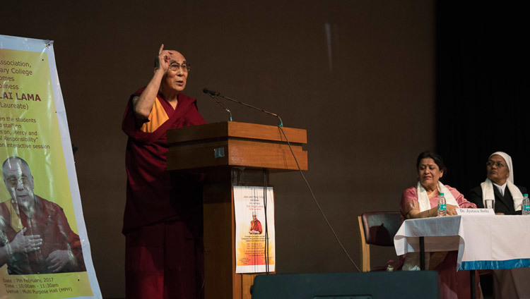 His Holiness the Dalai Lama speaking to students and teachers and Jesus & Mary College in New Delhi,India on February 7, 2017. Photo/Tenzin Choejor/OHHDL His Holiness the Dalai Lama speaking to students and teachers and Jesus & Mary College in New Delhi,India on February 7, 2017. Photo/Tenzin Choejor/OHHDL