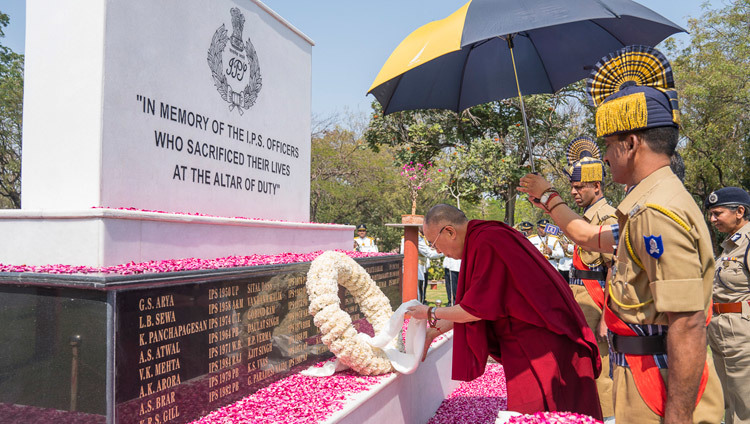 His Holiness the Dalai Lama laying a wreath at the Martyr's Memorial at the Sardar Vallabhbhai Patel National Police Academy in Hyderabad, Telangana, India on February 11, 2017. Photo by Tenzin Choejor/OHHDL His Holiness the Dalai Lama laying a wreath at the Martyr's Memorial at the Sardar Vallabhbhai Patel National Police Academy in Hyderabad, Telangana, India on February 11, 2017. Photo by Tenzin Choejor/OHHDL