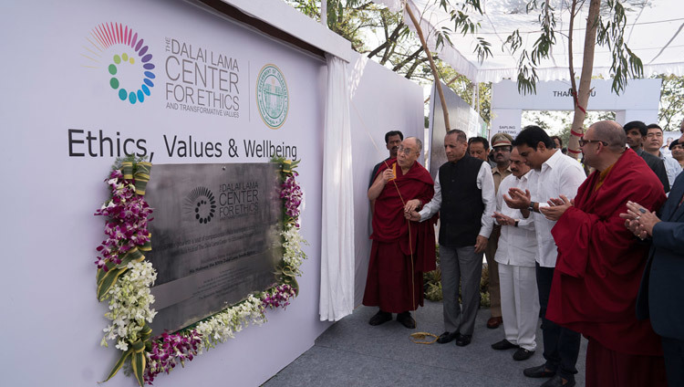 His Holiness the Dalai Lama and Governor of Telangana State HE ESL Narasimhan unveiling the foundation stone for the South Asia Hub of The Dalai Lama Center for Ethics in Hyderabad, Telangana, India on February 12, 2017. Photo by Tenzin Choejor/OHHDL His Holiness the Dalai Lama and Governor of Telangana State HE ESL Narasimhan unveiling the foundation stone for the South Asia Hub of The Dalai Lama Center for Ethics in Hyderabad, Telangana, India on February 12, 2017. Photo by Tenzin Choejor/OHHDL