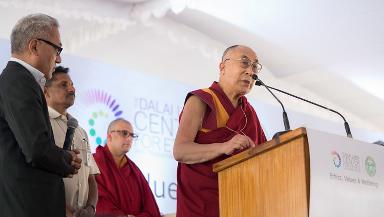 His Holiness the Dalai Lama speaking at the HITEX Open Arena in Hyderabad, Telangana, India on February 12, 2017. Photo by Tenzin Choejor/OHHDL His Holiness the Dalai Lama speaking at the HITEX Open Arena in Hyderabad, Telangana, India on February 12, 2017. Photo by Tenzin Choejor/OHHDL