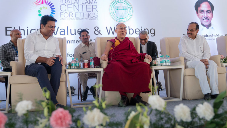 His Holiness the Dalai Lama answering questions from the audience during his talk at the HITEX Open Arena in Hyderabad, Telangana, India on February 12, 2017. Photo by Tenzin Choejor/OHHDL His Holiness the Dalai Lama answering questions from the audience during his talk at the HITEX Open Arena in Hyderabad, Telangana, India on February 12, 2017. Photo by Tenzin Choejor/OHHDL