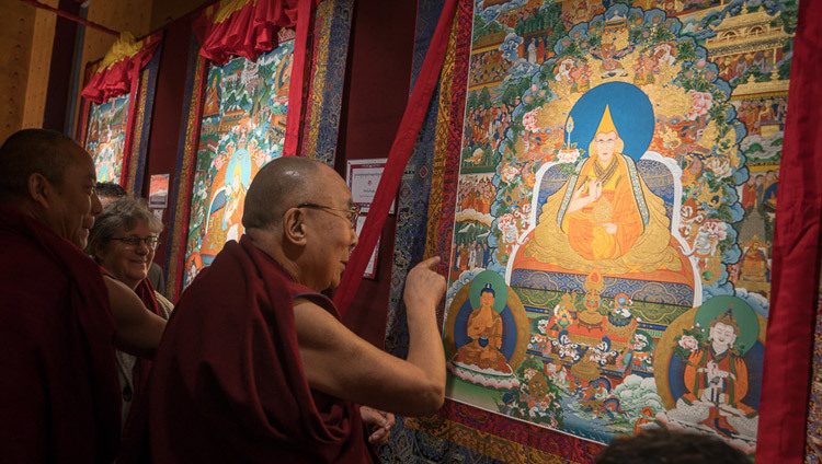 His Holiness the Dalai Lama looking at thangkas depicting the lives of the Dalai Lamas during his visit to Norbulingka Institue in Sidhpur, HP, India on March 9, 2017. Photo by Tenzin Choejor/OHHDL His Holiness the Dalai Lama looking at thangkas depicting the lives of the Dalai Lamas during his visit to Norbulingka Institue in Sidhpur, HP, India on March 9, 2017. Photo by Tenzin Choejor/OHHDL