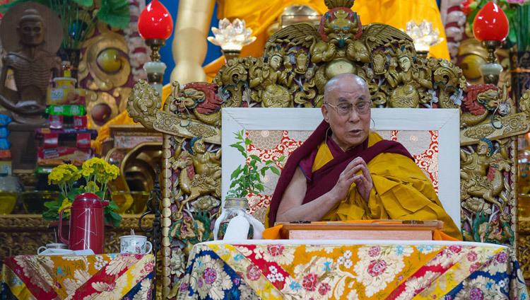 His Holiness the Dalai Lama during the the second day of teachings at the Main Tibetan Temple in Dharamsala, HP, India on March 14, 2017. Photo by Tenzin Choejor/OHHDL His Holiness the Dalai Lama during the the second day of teachings at the Main Tibetan Temple in Dharamsala, HP, India on March 14, 2017. Photo by Tenzin Choejor/OHHDL