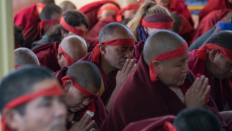 Members of the monastic community wearing ritual blindfolds during the Avalokiteshvara Empowerment given by His Holiness the Dalai Lama at the Main Tibetan Temple in Dharamsala, HP, India on March 14, 2017. Photo by Tenzin Choejor/OHHDL Members of the monastic community wearing ritual blindfolds during the Avalokiteshvara Empowerment given by His Holiness the Dalai Lama at the Main Tibetan Temple in Dharamsala, HP, India on March 14, 2017. Photo by Tenzin Choejor/OHHDL