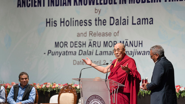 His Holiness the Dalai Lama speaking on Ancient Indian Knowledge in Modern Times at Guwahati University Auditorium in Guwahati, Assam, India on April 2, 2017. Photo by Tenzin Choejor/OHHDL His Holiness the Dalai Lama speaking on Ancient Indian Knowledge in Modern Times at Guwahati University Auditorium in Guwahati, Assam, India on April 2, 2017. Photo by Tenzin Choejor/OHHDL