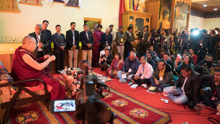 His Holiness the Dalai Lama speaking with members of the press at Yiga Choezin in Tawang, Arunachal Pradesh, India on April 8, 2017. Photo by Tenzin Choejor/OHHDL His Holiness the Dalai Lama speaking with members of the press at Yiga Choezin in Tawang, Arunachal Pradesh, India on April 8, 2017. Photo by Tenzin Choejor/OHHDL
