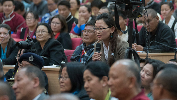 A member of the audience asking His Holiness the Dalai Lama a question during his talk at the Kalawangpo Convention Centre in Tawang, Arunachal Pradesh, India on April 10, 2017. Photo by Tenzin Choejor/OHHDL A member of the audience asking His Holiness the Dalai Lama a question during his talk at the Kalawangpo Convention Centre in Tawang, Arunachal Pradesh, India on April 10, 2017. Photo by Tenzin Choejor/OHHDL