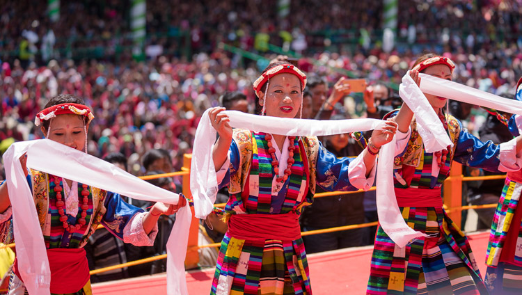 Local artists performing traditional songs as part of the closing ceremony on the final day of His Holiness the Dalai Lama's teachings at the Yiga Choezin teaching ground in Tawang, Arunachal Pradesh, India on April 10, 2017. Photo by Tenzin Choejor/OHHDL Local artists performing traditional songs as part of the closing ceremony on the final day of His Holiness the Dalai Lama's teachings at the Yiga Choezin teaching ground in Tawang, Arunachal Pradesh, India on April 10, 2017. Photo by Tenzin Choejor/OHHDL