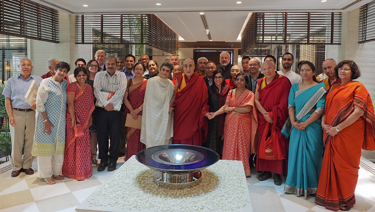 His Holiness the Dalai Lama with members of the Core Committee Working on the Curriculum for Universal Values after their meeting in New Delhi, India on April 28, 2017. Photo by Jeremy Russell/OHHDL His Holiness the Dalai Lama with members of the Core Committee Working on the Curriculum for Universal Values after their meeting in New Delhi, India on April 28, 2017. Photo by Jeremy Russell/OHHDL
