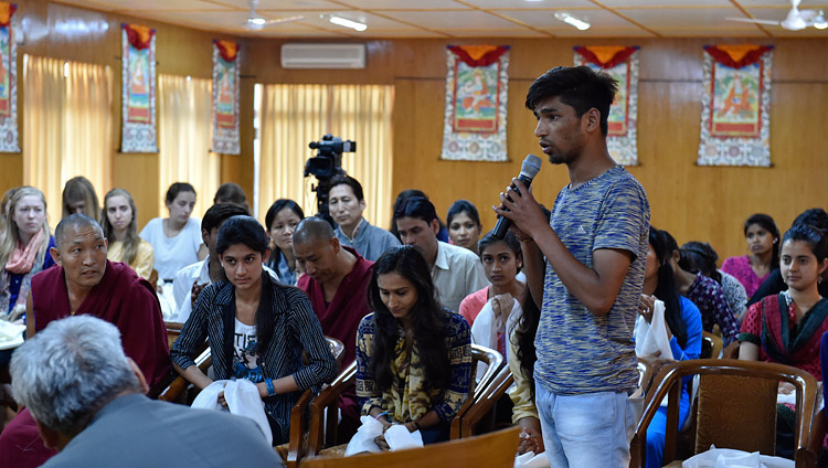 A student explaining his experiences in training in secular ethics during a meeting with His Holiness the Dalai Lama at his residence in Dharamsala, HP, India on May 19, 2017. Photo by Ven Tenzin Damchoe/OHHDL A student explaining his experiences in training in secular ethics during a meeting with His Holiness the Dalai Lama at his residence in Dharamsala, HP, India on May 19, 2017. Photo by Ven Tenzin Damchoe/OHHDL