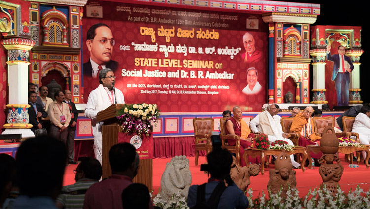 Karnataka Chief Minister Siddaramaiah, speaking at the State Level Seminar on ‘Social Justice and Dr BR Ambedkar’ in Bengaluru, Karnataka, India on May 23, 2017. Photo by Tenzin Choejor/OHHDL Karnataka Chief Minister Siddaramaiah, speaking at the State Level Seminar on ‘Social Justice and Dr BR Ambedkar’ in Bengaluru, Karnataka, India on May 23, 2017. Photo by Tenzin Choejor/OHHDL