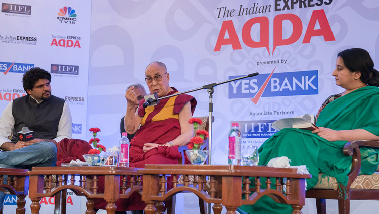 Anant Goenka, Executive Director and Vandita Mishra, National Opinions Editor of the Indian Express group look on as His Holiness the Dalai Lama addresses the audience at an Indian Express Adda in New Delhi, India on May 24, 2017. Photo by Tenzin Choejor/OHHDL Anant Goenka, Executive Director and Vandita Mishra, National Opinions Editor of the Indian Express group look on as His Holiness the Dalai Lama addresses the audience at an Indian Express Adda in New Delhi, India on May 24, 2017. Photo by Tenzin Choejor/OHHDL