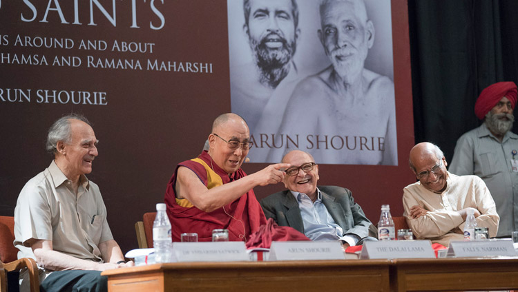 Alan Shourie, Fali Nariman and Shyam Saran enjoying a moment of laughter as His Holiness the Dalai Lama answers a question from the audience at the launch of "Two Saints" at the Indian International Centre in New Delhi, India on May 25, 2017. Photo by Tenzin Choejor/OHHDL Alan Shourie, Fali Nariman and Shyam Saran enjoying a moment of laughter as His Holiness the Dalai Lama answers a question from the audience at the launch of "Two Saints" at the Indian International Centre in New Delhi, India on May 25, 2017. Photo by Tenzin Choejor/OHHDL