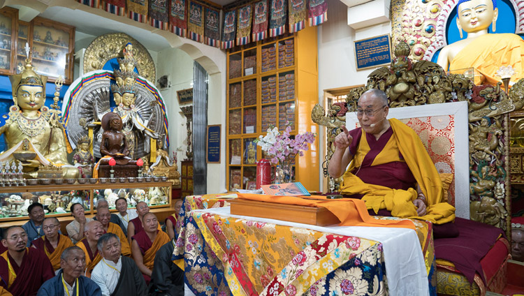 His Holiness the Dalai Lama speaking during the second day of his three day teaching for Tibetan youth at the Main Tibetan Temple in Dharamsala, HP, India on June 6, 2017. Photo by Tenzin Choejor/OHHDL His Holiness the Dalai Lama speaking during the second day of his three day teaching for Tibetan youth at the Main Tibetan Temple in Dharamsala, HP, India on June 6, 2017. Photo by Tenzin Choejor/OHHDL