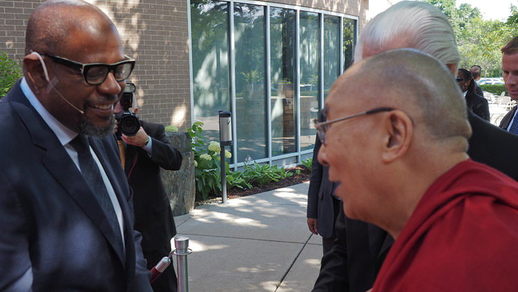 His Holiness the Dalai Lama greeting Forest Whitaker on his arrival to participate in a discussion on compassion at the Starkey Campus in Minneapolis, MN, USA on June 23, 2017. Photo by Jeremy Russell/OHHDL His Holiness the Dalai Lama greeting Forest Whitaker on his arrival to participate in a discussion on compassion at the Starkey Campus in Minneapolis, MN, USA on June 23, 2017. Photo by Jeremy Russell/OHHDL