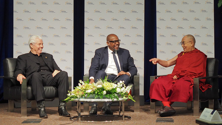 Bill Austin and Forest Whitaker look on as His Holiness the Dalai Lama speaks during the discussion on compassion at the Starkey Campus in Minneapolis, MN, USA on June 23, 2017. Photo by Jeremy Russell/OHHDL Bill Austin and Forest Whitaker look on as His Holiness the Dalai Lama speaks during the discussion on compassion at the Starkey Campus in Minneapolis, MN, USA on June 23, 2017. Photo by Jeremy Russell/OHHDL