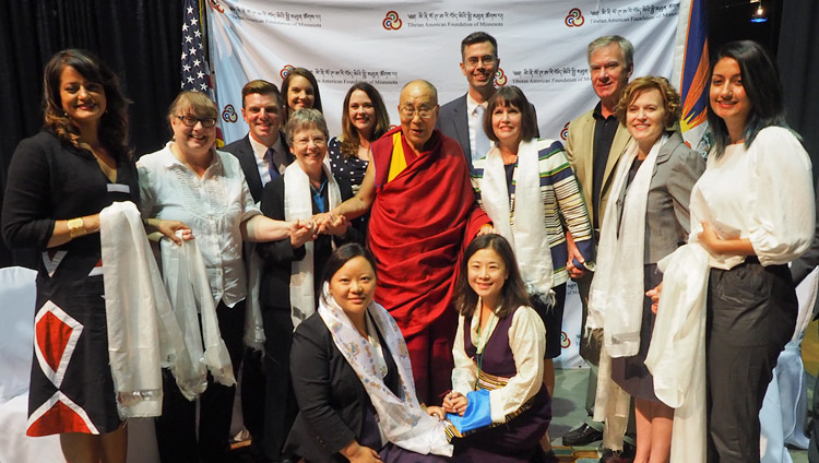 His Holiness the Dalai Lama with local government representatives including State Senator Carolyn Laine, Minneapolis Mayor Betsy Hodges and Congresswoman Betty McCollum before his meeting with members of the Tibetan community in Mineapolis, MN, USA on June 24, 2017. Photo by Jeremy Russell/OHHDL His Holiness the Dalai Lama with local government representatives including State Senator Carolyn Laine, Minneapolis Mayor Betsy Hodges and Congresswoman Betty McCollum before his meeting with members of the Tibetan community in Mineapolis, MN, USA on June 24, 2017. Photo by Jeremy Russell/OHHDL