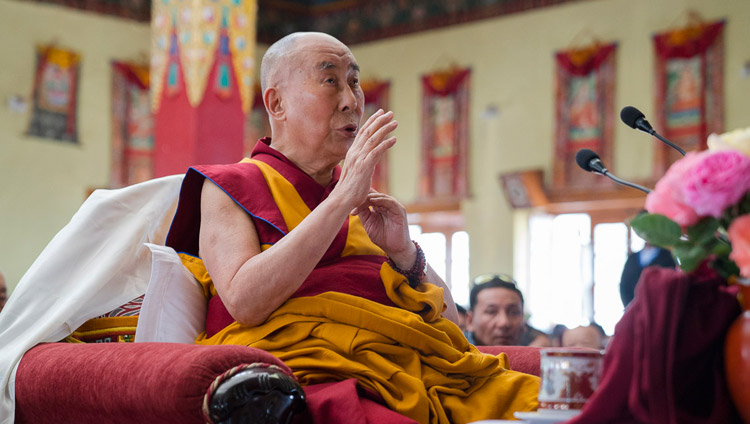 His Holiness the Dalai Lama reciting prayers at the Jokhang in Leh, Ladakh, J&K, India on July 5, 2017. Photo by Tenzin Choejor/OHHDL His Holiness the Dalai Lama reciting prayers at the Jokhang in Leh, Ladakh, J&K, India on July 5, 2017. Photo by Tenzin Choejor/OHHDL
