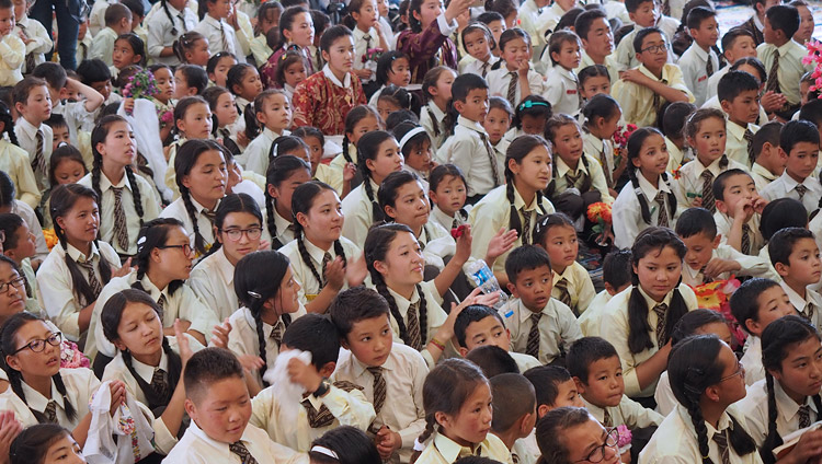 Some of the 1600 students listening to His Holiness the Dalai Lama at Ladakh Public School in Leh, Ladakh, J&K, India on July 8, 2017. Photo by Jeremy Russell/OHHDL Some of the 1600 students listening to His Holiness the Dalai Lama at Ladakh Public School in Leh, Ladakh, J&K, India on July 8, 2017. Photo by Jeremy Russell/OHHDL