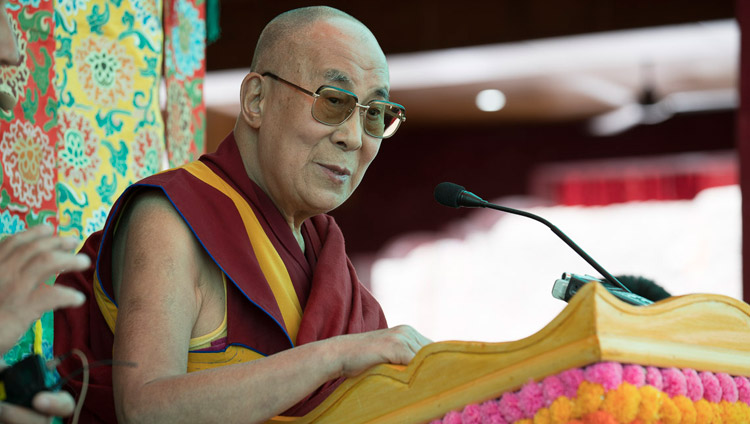 His Holiness the Dalai Lama addressing the crowd of over 7000 during the closing ceremony of the Great Summer Debate at the teaching ground in Disket, Nubra Valley, J&K, India on July 10, 2017. Photo by Tenzin Choejor/OHHDL His Holiness the Dalai Lama addressing the crowd of over 7000 during the closing ceremony of the Great Summer Debate at the teaching ground in Disket, Nubra Valley, J&K, India on July 10, 2017. Photo by Tenzin Choejor/OHHDL