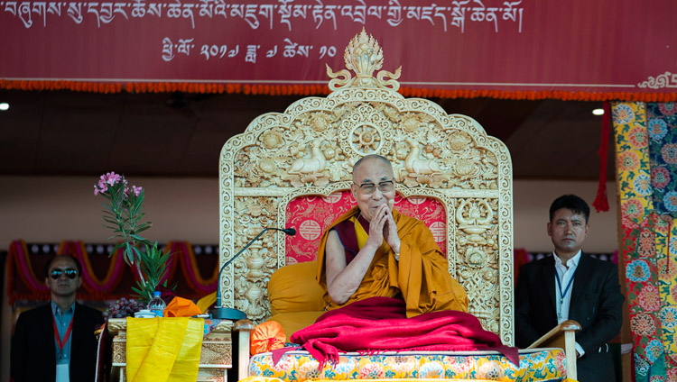 His Holiness the Dalai Lama during prayers at the start of the first day of his teachings in Disket, Nubra Valley, J&K, India on July 11, 2017. Photo by Tenzin Choejor/OHHDL His Holiness the Dalai Lama during prayers at the start of the first day of his teachings in Disket, Nubra Valley, J&K, India on July 11, 2017. Photo by Tenzin Choejor/OHHDL