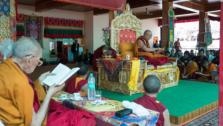 His Holiness the Dalai Lama during the first day of his teachings in Disket, Nubra Valley, J&K, India on July 11, 2017. Photo by Tenzin Choejor/OHHDL His Holiness the Dalai Lama during the first day of his teachings in Disket, Nubra Valley, J&K, India on July 11, 2017. Photo by Tenzin Choejor/OHHDL