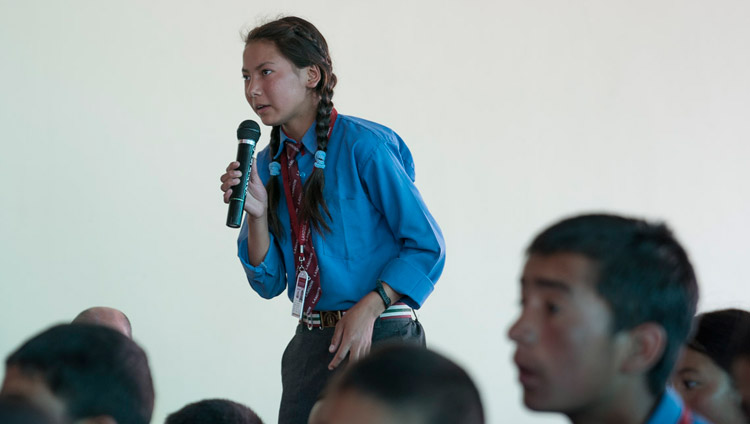 A schoolgirl asking His Holiness the Dalai Lama a question during their meeting in Disket, Nubra Valley, J&K, India on July 11, 2017. Photo by Tenzin Choejor/OHHDL A schoolgirl asking His Holiness the Dalai Lama a question during their meeting in Disket, Nubra Valley, J&K, India on July 11, 2017. Photo by Tenzin Choejor/OHHDL
