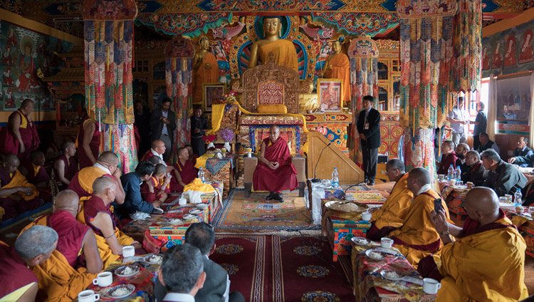 His Holiness the Dalai Lama speaking to monks and dignitaries in the main assembly hall of Matho Monastery in Leh, Ladakh, J&K, India on July 20, 2017. Photo by Tenzin Choejor/OHHDL His Holiness the Dalai Lama speaking to monks and dignitaries in the main assembly hall of Matho Monastery in Leh, Ladakh, J&K, India on July 20, 2017. Photo by Tenzin Choejor/OHHDL