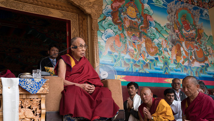 His Holiness the Dalai Lama speaking to members of the public from the veranda of the main assembly hall at Matho Monastery in Leh, Ladakh, J&K, India on July 20, 2017. Photo by Tenzin Choejor/OHHDL His Holiness the Dalai Lama speaking to members of the public from the veranda of the main assembly hall at Matho Monastery in Leh, Ladakh, J&K, India on July 20, 2017. Photo by Tenzin Choejor/OHHDL