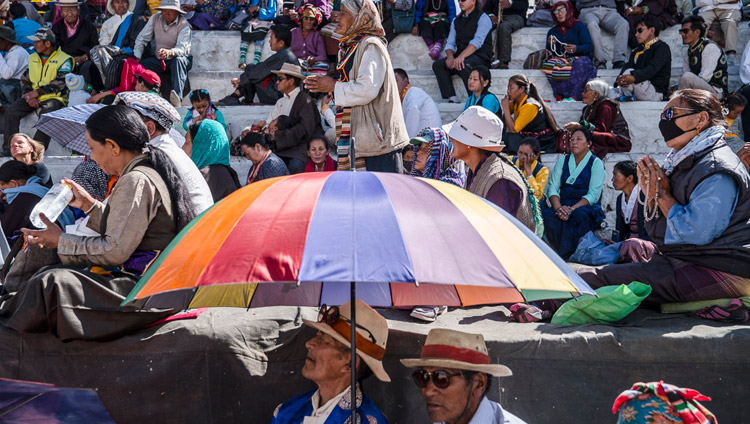 Members of the local community listening to His Holiness the Dalai Lama during his visit to Tibetan Childrens' Village School Choglamsar in Leh, Ladakh, J&K, India on July 25, 2017. Photo by Tenzin Choejor/OHHDL