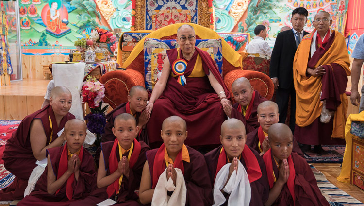 His Holiness the Dalai Lama with nuns who demonstrated Buddhist philosophical debate during the inauguration ceremony at Dudjom Nunnery in Shey, Ladakh, J&K, India on July 26, 2017. Photo by Tenzin Choejor/OHHDL His Holiness the Dalai Lama with nuns who demonstrated Buddhist philosophical debate during the inauguration ceremony at Dudjom Nunnery in Shey, Ladakh, J&K, India on July 26, 2017. Photo by Tenzin Choejor/OHHDL