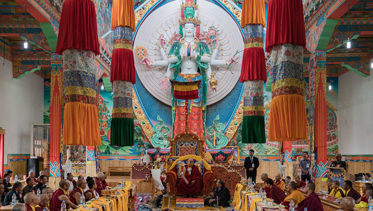 His Holiness the Dalai Lama speaking in the assembly hall during the inauguration ceremony at Dudjom Nunnery in Shey, Ladakh, J&K, India on July 26, 2017. Photo by Tenzin Choejor/OHHDL His Holiness the Dalai Lama speaking in the assembly hall during the inauguration ceremony at Dudjom Nunnery in Shey, Ladakh, J&K, India on July 26, 2017. Photo by Tenzin Choejor/OHHDL