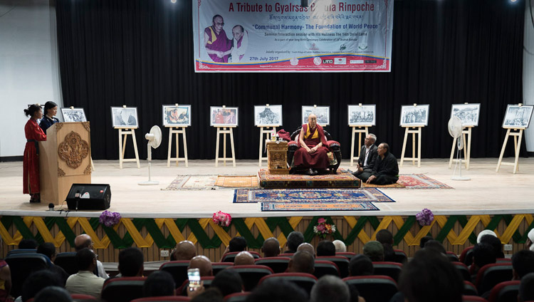 Presenters reading questions from the audience to His Holiness the Dalai Lama during he Seminar on Communal Harmony in Leh, Ladakh, J&K, India on July 27, 2017. Photo by Tenzin Choejor/OHHDL