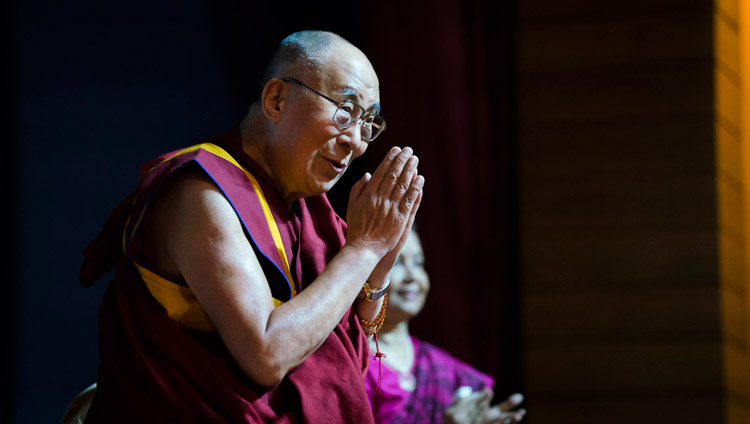 His Holiness the Dalai Lama paying respects to the audience after being introduced before delivering the Rajendra Mathur Memorial Lecture in New Delhi, India on August 9, 2017. Photo by Tenzin Choejor/OHHDL His Holiness the Dalai Lama paying respects to the audience after being introduced before delivering the Rajendra Mathur Memorial Lecture in New Delhi, India on August 9, 2017. Photo by Tenzin Choejor/OHHDL