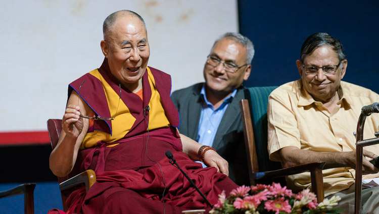 His Holiness the Dalai Lama answering questions from the audience after delivering the Rajendra Mathur Memorial Lecture in New Delhi, India on August 9, 2017. Photo by Tenzin Choejor/OHHDL His Holiness the Dalai Lama answering questions from the audience after delivering the Rajendra Mathur Memorial Lecture in New Delhi, India on August 9, 2017. Photo by Tenzin Choejor/OHHDL