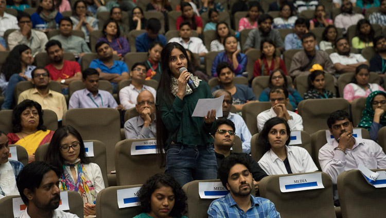 A member of the press asking His Holiness the Dalai Lama a question at the launch of the Secular Ethics for Higher Education course at Tata Institute of Social Sciences in Mumbai, India on August 14, 2017. Photo by Tenzin Choejor/OHHDL A member of the press asking His Holiness the Dalai Lama a question at the launch of the Secular Ethics for Higher Education course at Tata Institute of Social Sciences in Mumbai, India on August 14, 2017. Photo by Tenzin Choejor/OHHDL