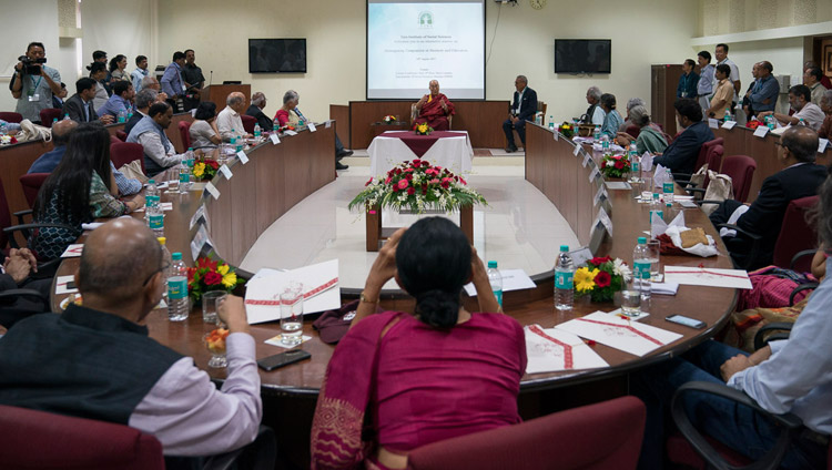 His Holiness the Dalai Lama meeting with industry leaders and university vice-chancellors at Tata Institute of Social Sciences in Mumbai, India on August 14, 2017. Photo by Tenzin Choejor/OHHDL His Holiness the Dalai Lama meeting with industry leaders and university vice-chancellors at Tata Institute of Social Sciences in Mumbai, India on August 14, 2017. Photo by Tenzin Choejor/OHHDL