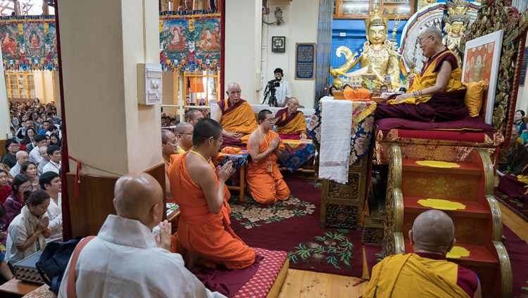 Thai monks chanting the Mangala Sutta in Pali at the start of His Holiness the Dalai Lama's third day of teachings at the Tsuglagkhang in Dharamsala, HP, India on August 31, 2017. Photo by Tenzin Choejor/OHHDL Thai monks chanting the Mangala Sutta in Pali at the start of His Holiness the Dalai Lama's third day of teachings at the Tsuglagkhang in Dharamsala, HP, India on August 31, 2017. Photo by Tenzin Choejor/OHHDL