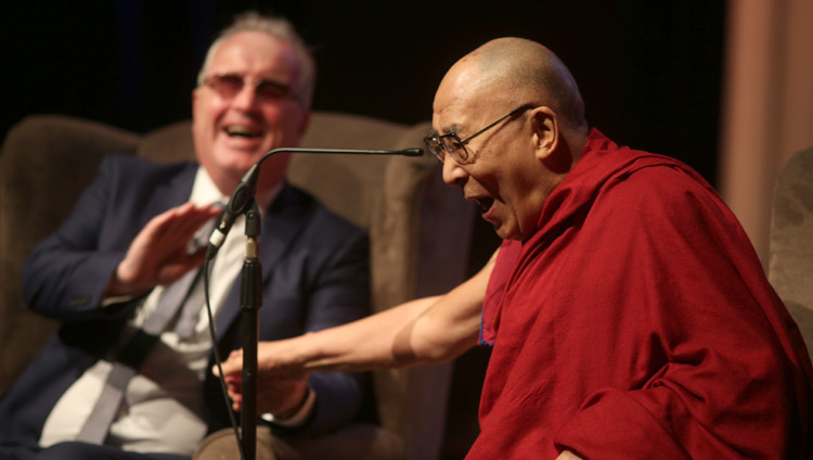 His Holiness the Dalai Lama enjoying a moment of laughter with Richard Moore during his talk at the Millennial Forum in Derry, Northern Ireland, UK on September 10, 2017. Photo by Lorcan Doherty His Holiness the Dalai Lama enjoying a moment of laughter with Richard Moore during his talk at the Millennial Forum in Derry, Northern Ireland, UK on September 10, 2017. Photo by Lorcan Doherty