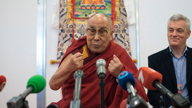 His Holiness the Dalai Lama speaking to members of the media in Riga, Latvia on September 23, 2017. Photo by Tenzin Choejor His Holiness the Dalai Lama speaking to members of the media in Riga, Latvia on September 23, 2017. Photo by Tenzin Choejor