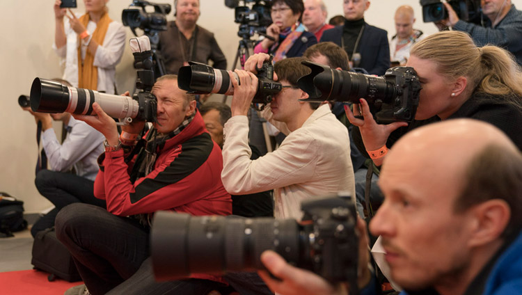 Photographers taking pictures of His Holiness the Dalai Lama during his meeting with members of the media in Riga, Latvia on September 23, 2017. Photo by Tenzin Choejor Photographers taking pictures of His Holiness the Dalai Lama during his meeting with members of the media in Riga, Latvia on September 23, 2017. Photo by Tenzin Choejor